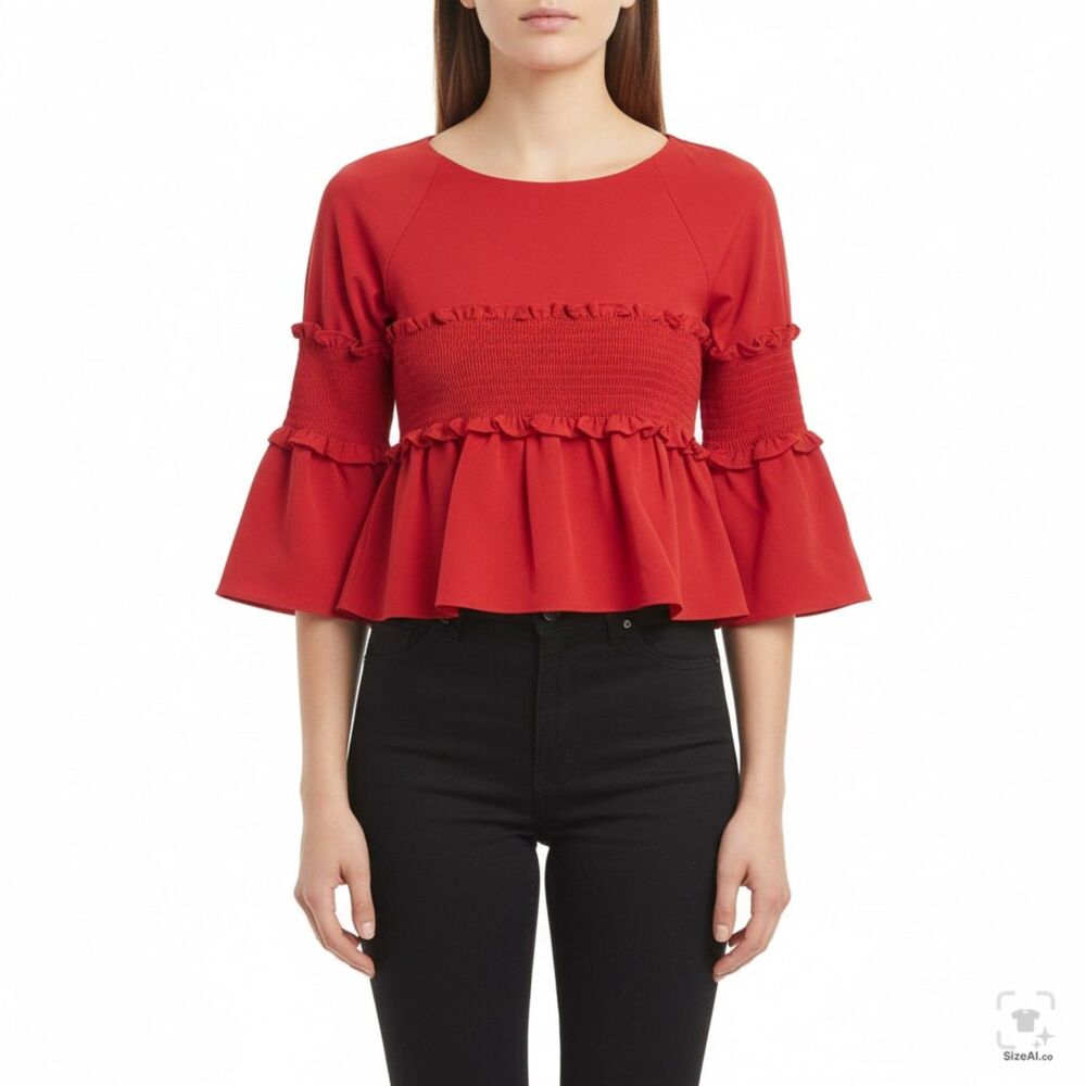 Tibi Red Smocked Peplum Blouse Bell Sleeve Top Stretch Small